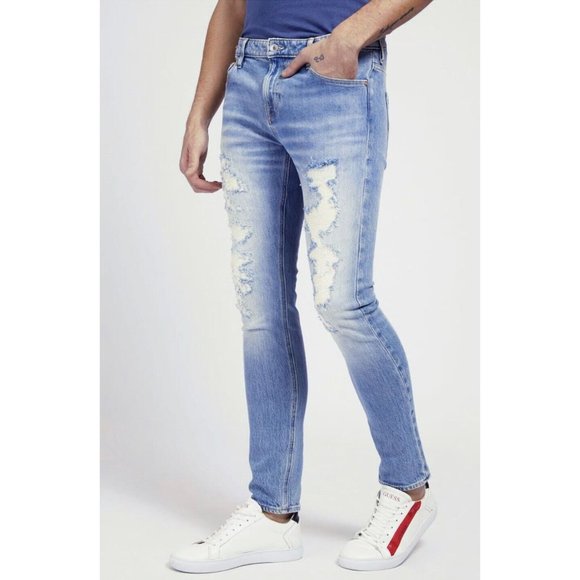 Guess Men's Chris Super Skinny Jeans Destroy And Repair Light Blue Size 38